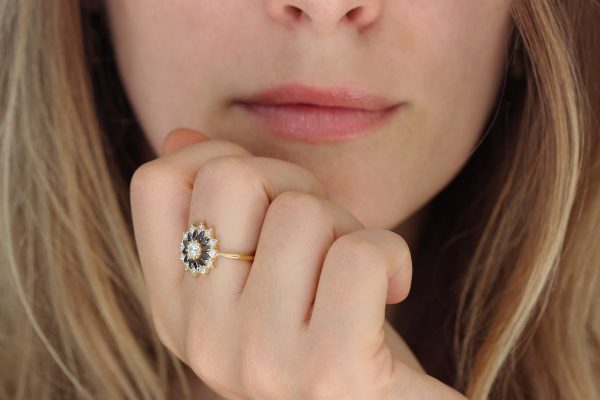 Black and White Diamond Engagement Ring - Flower Diamond Cluster Ring Sale