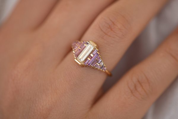 Purple and Lilac Sapphire Ring with Baguette Diamond Online