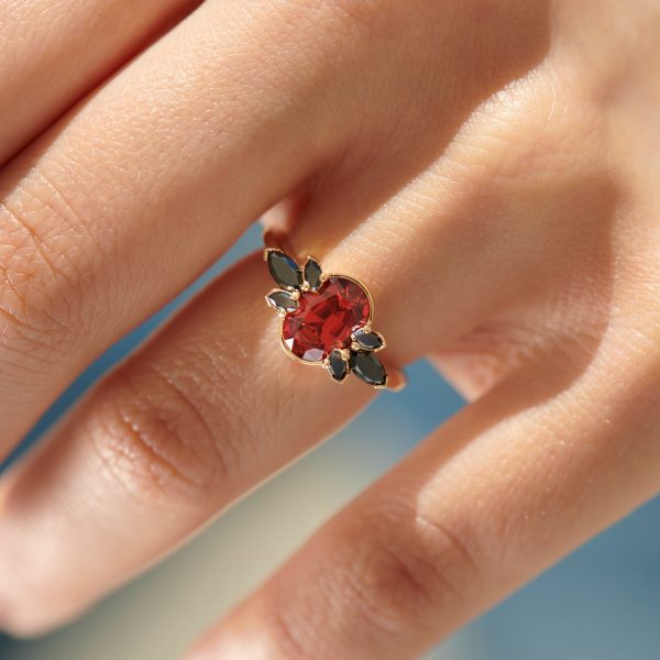 Flowers of Evil Red Garnet & Black Diamond Engagement Ring Online Sale