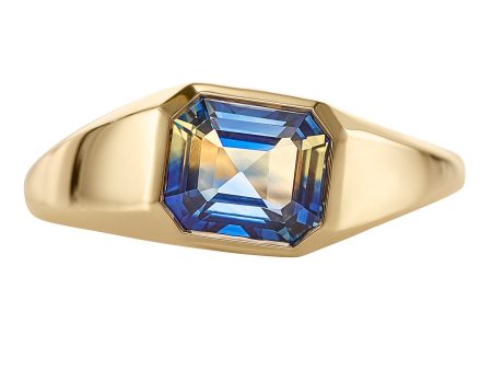 Chunky Asymmetric Statement Ring with OOAK Emerald Cut Parti Sapphire For Cheap