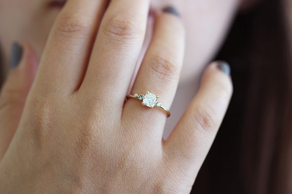 Asymmetric Diamond Cluster Engagement Ring with Aquamarine And Mint Garnet - Cluster Engagement Ring Supply