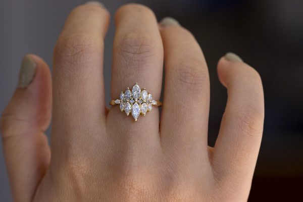 Marquise Diamond Cluster Engagement Ring with Grey Diamonds on Sale