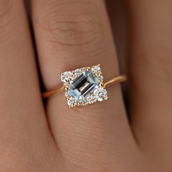 Tilted Sky Blue Sapphire Ring with Diamond Frame Discount