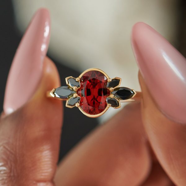 Flowers of Evil Red Garnet & Black Diamond Engagement Ring Online Sale