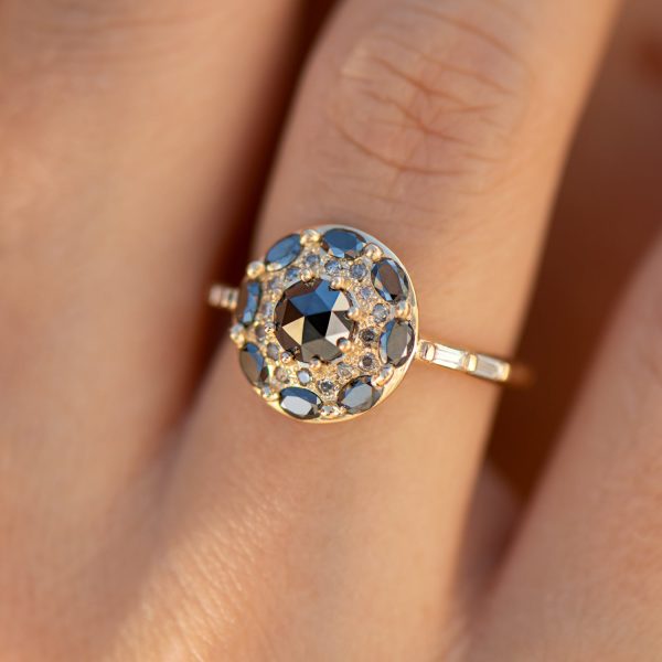 Black Diamond Mandala Engagement Ring - With Baguette Diamond Band Online Sale