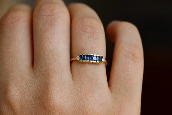 Blue Sapphire Baguette Engagement Ring - Art Deco Blue Sapphire Ring Discount