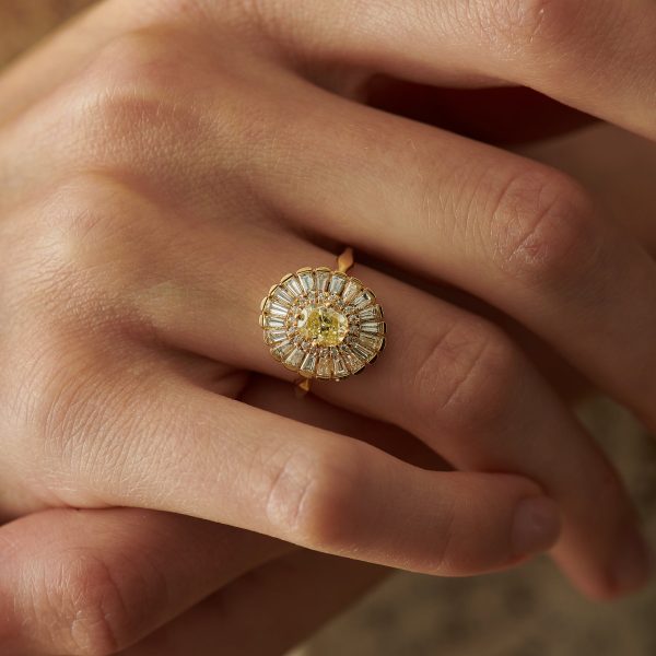 Daisy Engagement Ring - Fancy Yellow Diamond and Baguette Diamond Ring Discount