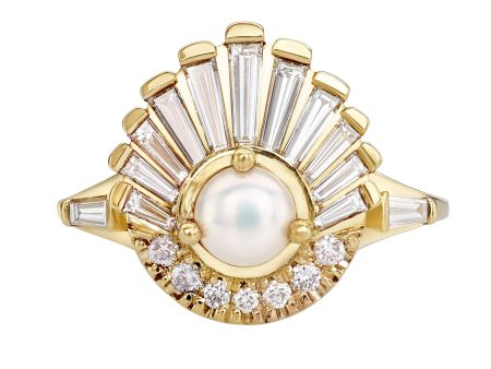 Diamond and Pearl Engagement Ring - Baguette Diamond Shell Ring For Sale