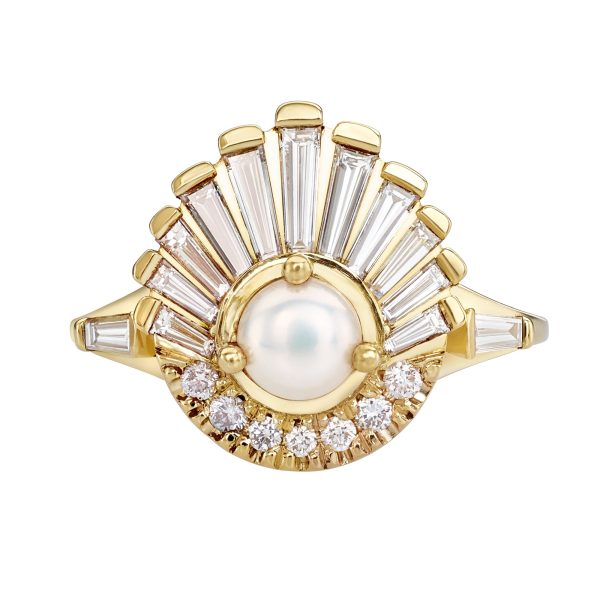 Diamond and Pearl Engagement Ring - Baguette Diamond Shell Ring For Sale