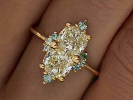 Gilded Mirror Cushion Cut Diamond & Teal Sapphire Engagement Ring Cheap