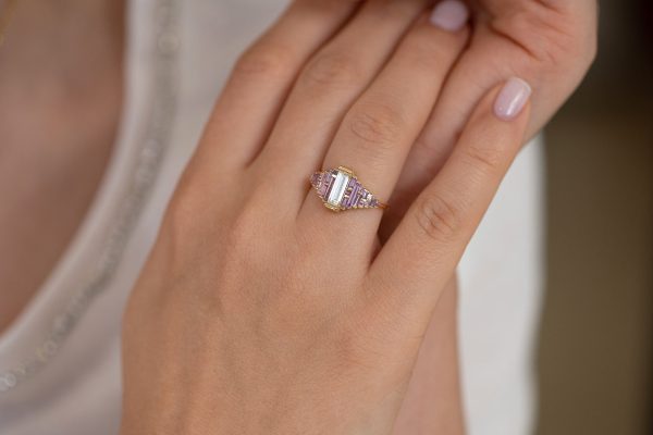 Purple and Lilac Sapphire Ring with Baguette Diamond Online