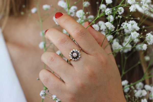 Black and White Diamond Engagement Ring - Flower Diamond Cluster Ring Sale