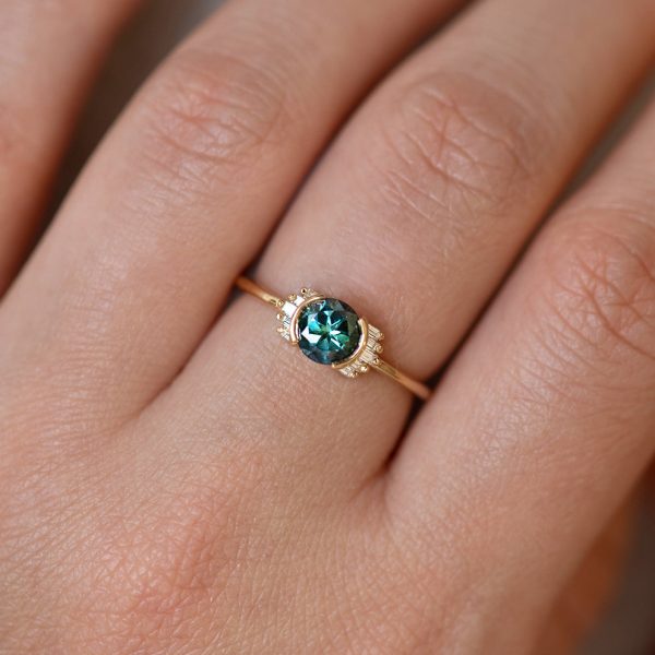 Teal Sapphire Ring with Baguette Diamond Wings - Limited Edition Online Sale