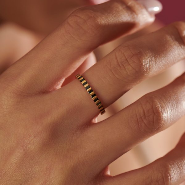 Apis Striped Black Diamond Matte Gold Half Eternity Ring For Sale