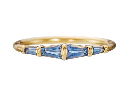 Blue Sapphire Tapered Baguette Gold Bar Ring For Sale