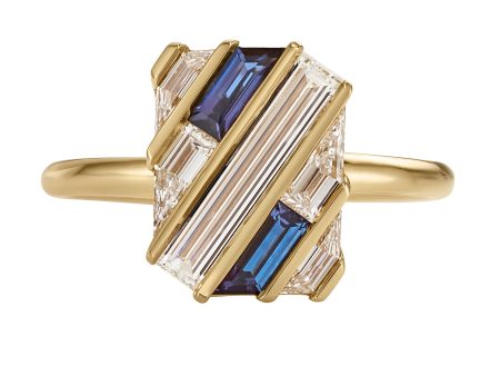 Quilted Lab Grown Diamond & Sapphire Gold Bar Engagement Ring For Sale