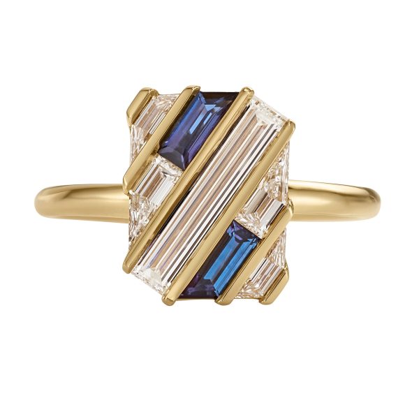 Quilted Lab Grown Diamond & Sapphire Gold Bar Engagement Ring For Sale