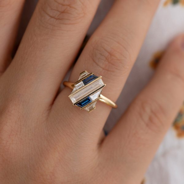 Quilted Lab Grown Diamond & Sapphire Gold Bar Engagement Ring For Sale