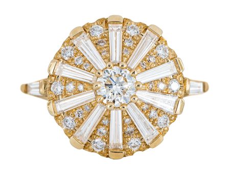 Round Engagement Ring with Long Tapered Baguette Diamonds    the Sun Temple Ring Cheap