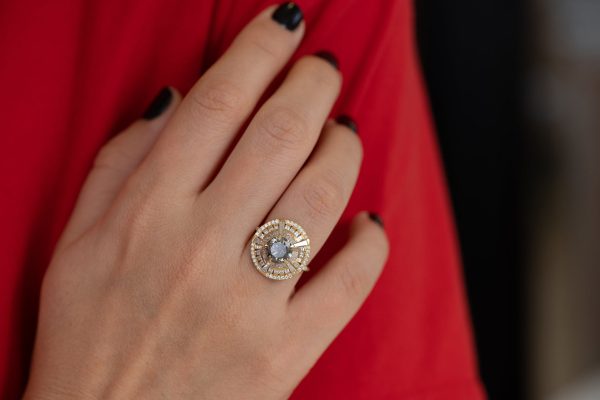 Grey Diamond Temple Ring with Long Tapered Baguette Diamonds For Sale