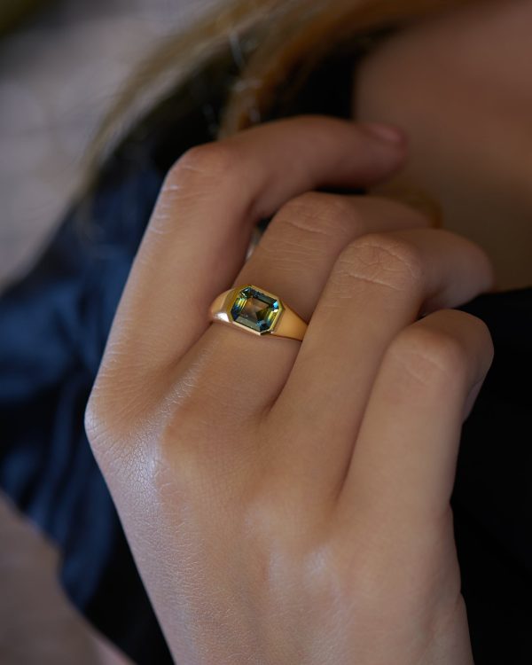 Chunky Asymmetric Statement Ring with OOAK Emerald Cut Parti Sapphire For Cheap